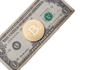 Bitcoin covers a single One Dollar bill, with copy space, isolated on white background