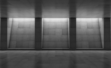 Abstract concrete showroom with columns. Modern geometric design. Gray floor and wall background. 3d rendering
