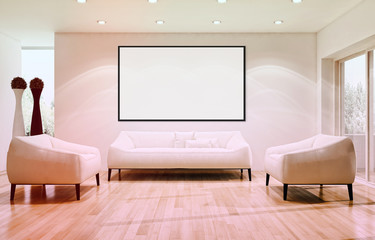 Modern bright interiors apartment with mockup poster frame 3D rendering illustration