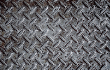 Large seamless sheet of steel aluminum or nickel tread plate. Dirty grunge background pattern with dirt and grime. Worn piece of metal.