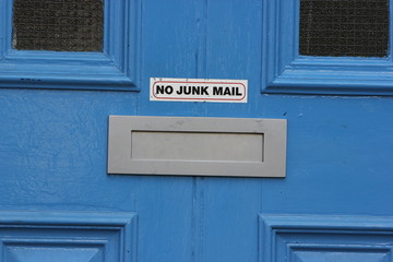 bright blue door with letterbox, London, England