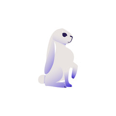 Cute white rabbit with blue ears and legs. Funny hand drawn animal sitting. Hare with long ears. Sweet easter symbol. Vector illustration isolated in cartoon style.