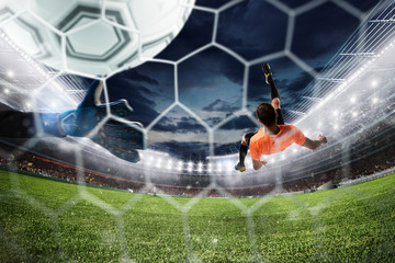 Soccer striker hits the ball with an acrobatic bicycle kick. 3D Rendering