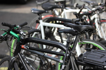 Fototapeta na wymiar bicylces parked in a row, London, England