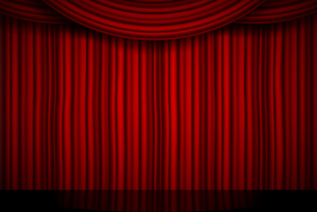 Creative vector illustration of stage with luxury scarlet red silk velvet drapes and fabric curtains isolated on background. Art design. Concept element for music party, theater, circus, opera, show