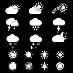 Set of weather icons on black background.