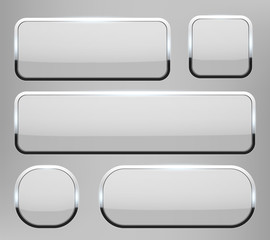 Creative vector illustration of white 3d glass buttons with chrome frame with shadow falling isolated on transparent background. Art design. Abstract concept graphic rectangle, oval web icons element