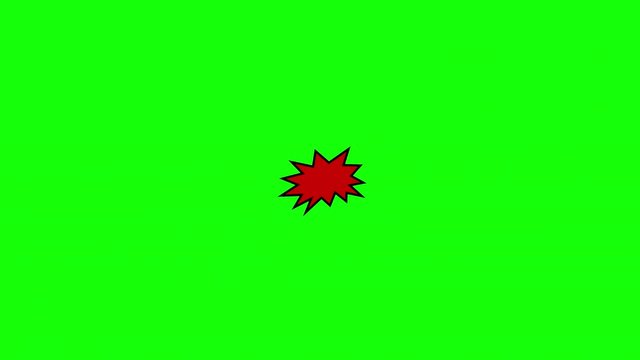 A comic strip speech cartoon animation with an explosion shape. Words: yikes, swish, zwosh. White text, red and yellow spikes, green background.
