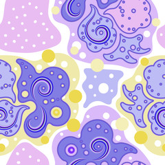 Abstract vector seamless spotted background in modern violet color with curls for textile fabric design