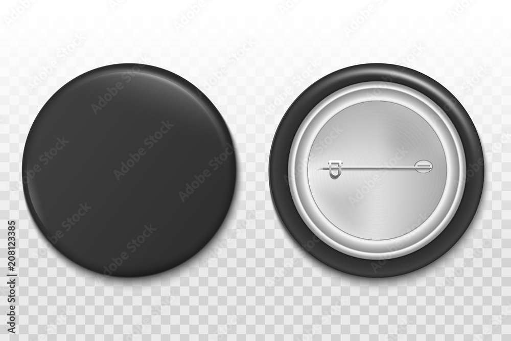 Poster Creative vector illustration of 3d pin button isolated on transparent background. Front and back side. Art design blank badge brooch mockup template. Abstract graphic element with place for your text