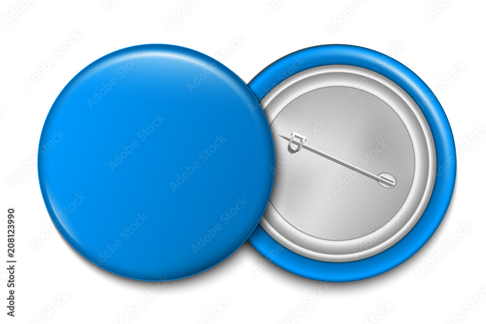 Poster Creative vector illustration of 3d pin button isolated on transparent background. Front and back side. Art design blank badge brooch mockup template. Abstract graphic element with place for your text