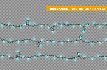 Garlands color blue isolated vector, Christmas decorations lights effects. Glowing lights for Xmas Holiday.