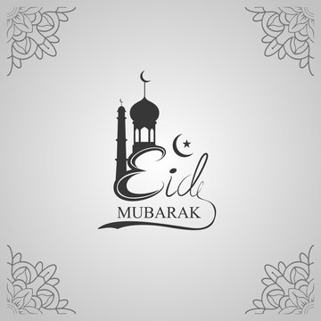 Eid Mubarak handwritten lettering. calligraphy with mosque isolated on white background for your design. Vector illustration