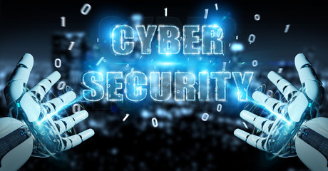 White humanoid hand using cyber security text hologram 3D rendering