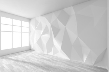White room with white parquet floor, window and rumpled wall