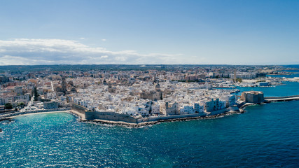 White city near blue the Sea Monopoli Apulia Coastline blue in Italy Drone 360 vr
