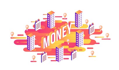 Obraz premium Money word design - isometric letters and business elements of office buildings and calendars on modern abstract gradient background with geometric shapes and stripes, isolated vector illustration.