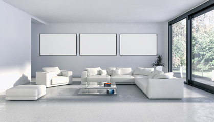 Fototapeta na wymiar Modern bright interiors apartment with mockup poster frame 3D rendering illustration