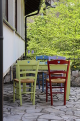 Stanisici,Bosnia-May 1st 2018:Colorful chairs and table on the balcony