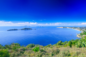 Beautiful summer seascape. Awesome view picturesque green hills