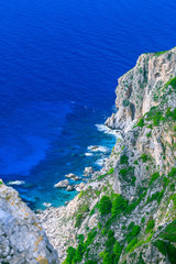 Beautiful summer seascape. Awesome view of the picturesque green hill coastline sea bay with crystal clear azure water in the calm warm Mediterranean sea. Outskirts Paleokastrica. Corfu. Greece.