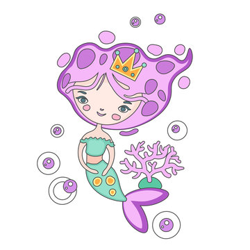 Cute little mairmaid - vector cartoon illustration. Fairy mermaids princess with underwater elements - coralls and bottle. Sticker cute mermaid character