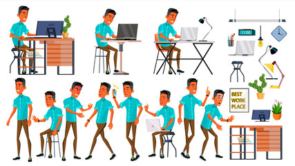 Office Worker Vector. Face Emotions, Various Gestures. Adult Business Male. Successful Corporate Officer, Clerk, Servant. Isolated Flat Character Illustration