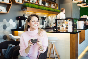 happy beautiful girl cup coffee
