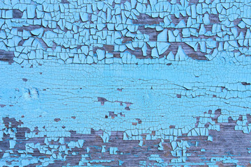 An old wooden board with dried blue paint. Close-up. Background. Texture.