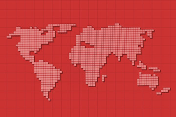Red screen digital world map on grid background.