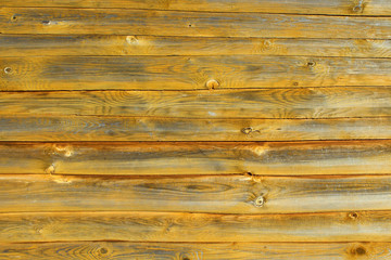 The wall of the house is made of decorative boards in the form of logs. Background. Texture. Close-up.
