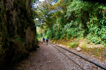 Two backpacker tourists walk along the train tracks towards Machu Picchu (Peru)