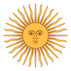 Sun of May, Spanish Sol de Mayo, a national emblem of Argentina on the country flag. Radiant golden yellow sun with a face and sixteen straight and sixteen wavy rays. Illustration over white. Vector.