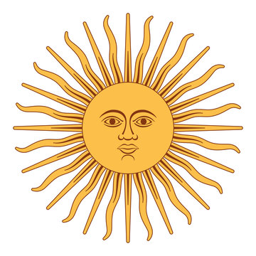 Sun of May, Spanish Sol de Mayo, a national emblem of Argentina on the country flag. Radiant golden yellow sun with a face and sixteen straight and sixteen wavy rays. Illustration over white. Vector.