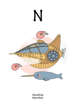 vector scandi animals English alphabet for letter N
