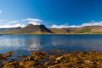 Fototapeta na wymiar Mountain landscape seen from sea in isafjordur, iceland. Hilly coastline on sunny blue sky. Summer vacation on scandinavian island. Discover wild nature. Wanderlust and travelling concept