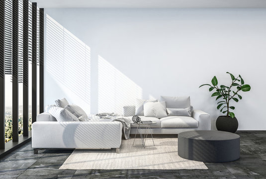 Modern living room interior with white wall.