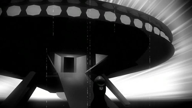 Vintage Alien Invasion: Alien Cyclops Creature leaves Spaceship (B & W)