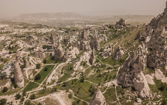 Aerial view of Uchisar caves in Capapdocia