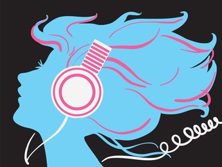 Listening to the music / Creative conceptual vector. Woman listening to the music in headphones.