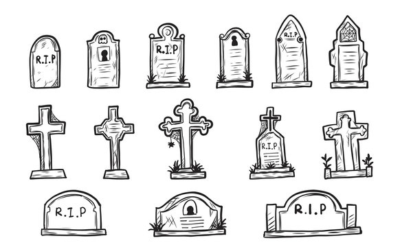 Set Of Grave Marker Vector On White Background.cemetery Mark Sketch By Hand Drawing.