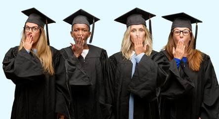 Education concept, university graduate woman and man group covers mouth in shock, looks shy, expressing silence and mistake concepts, scared