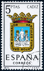 stamp printed in Spain dedicated to Arms of Provincial Capitals shows Cadiz