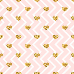 Gold heart seamless pattern. Pink-white geometric zig zag, golden confetti-hearts. Symbol of love, Valentine day holiday. Design wallpaper, background, fabric texture. Vector illustration