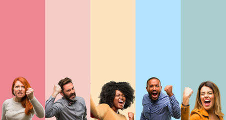 Cool group of people, woman and man irritated and angry expressing negative emotion, annoyed with...