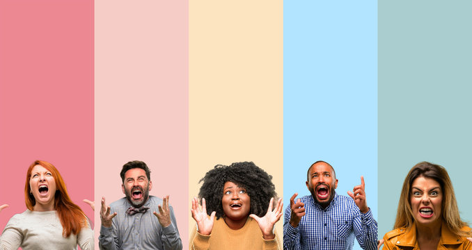 Cool group of people, woman and man terrified and nervous expressing anxiety and panic gesture, overwhelmed