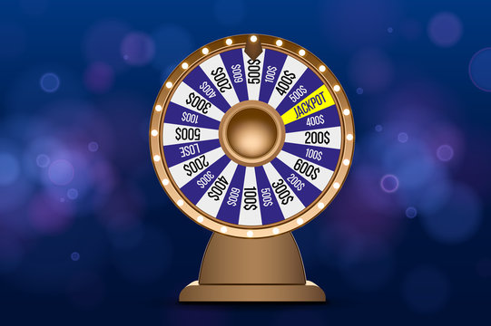 Fortune wheel 3d object on abstract defocused circular blue bokeh background. Wheel of luck
