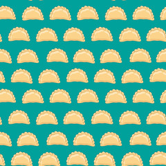 Dumplings (pierogi, varenyky, pelmeni) seamless pattern. Dumplings arranged in rows on background. Polish cuisine. Eastern european cuisine. Vector hand drawn illustration seamless pattern. - 208138500