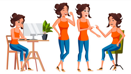 Office Worker Vector. Woman. Successful Officer, Clerk, Servant. Adult Business Woman. Face Emotions, Various Gestures. Isolated Flat Cartoon Illustration