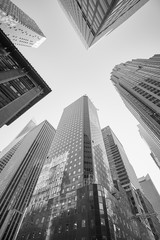 Black and white picture of Manhattan skyscrapers, New York City, USA.